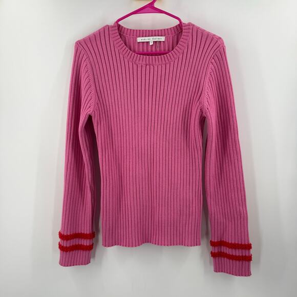 English Factory Sweater Women's Size Large Rib Ruffle Edge Pink Red Fuzzy Cuffs - Picture 10 of 10